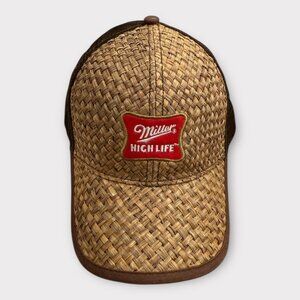 Miller High Life Snap Back Hat Beer Logo Patch Straw Front Trucker Baseball Cap